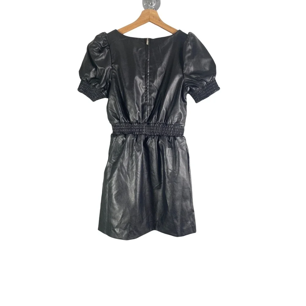 Habitual Girls Dress Black Faux Leather Puff Sleeve Smocked Waist Size 14‎